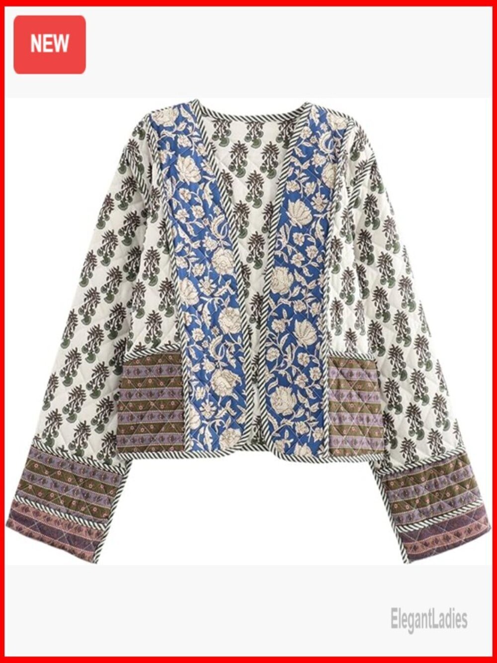 Quilted Cropped Puffer Jacket Lightweight Floral Print Open Front Winter